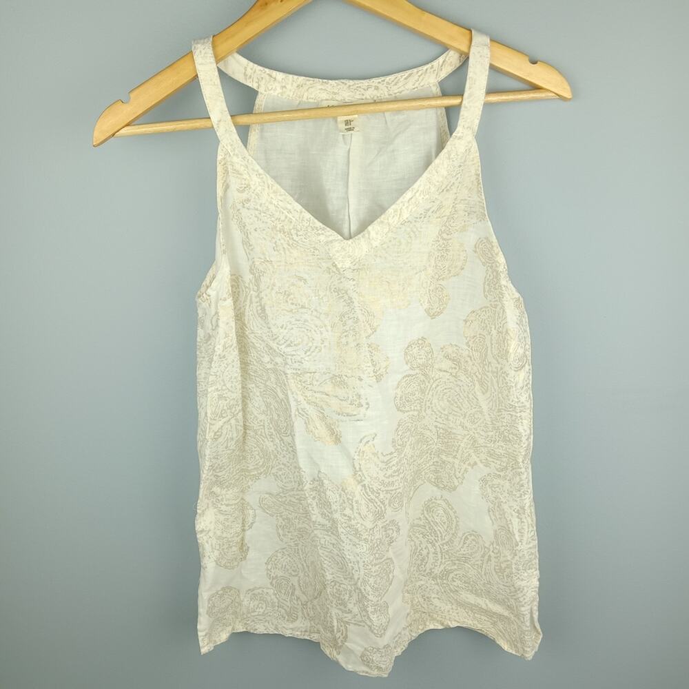 Artisan Ny Cream and Metallic Gold Linen Paisley Tank Top